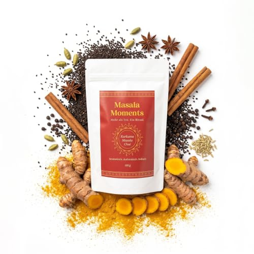 MASALA MOMENTS Kurkuma Masala Chai (100 g) – Die goldene Milch – Indischer Gewürztee mit Kurkuma & Schwarztee | Ohne künstliche Aromen | Als Milchtee oder pur I Für bis zu 35 Tassen