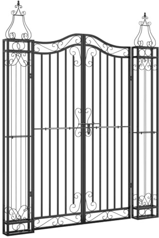 Cancello da giardino in ferro battuto con palo, 121 x 8 x 150 cm, verniciato a polvere, nero, chiudibile a chiave, per giardino o terrazza