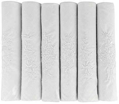 6-pack damförpackade 100% bomull broderade lyxiga vita näsdukar, 40 x 40 cm cirka, vit, Vitt, 40 x 40cm approx, Klassisk