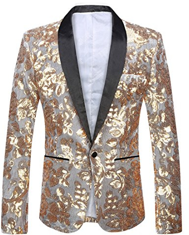 PYJTRL Blazer Tendance en Velours à Paillettes pour Homme Motif Floral (XXL, Doré)