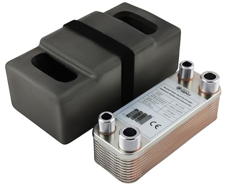 Edelstahl Plattenwärmetauscher B3-12-20 mit Isolierung – 2x 1/2 Zoll & 2x 3/4 Zoll Anschluss, max. 45 kW, 4 m³/h Durchfluss für Heizung, Solar, Wärmepumpe