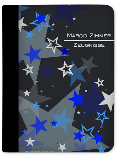 CreaDesign Customize A4 Zeugnismappe für Kinder - 26.7 x 32.7 x 1 cm, erweiterbar auf bis zu 20 Fächer, Sichtbuch ohne Klarsichthüllen, Blau Sterne Design, Dokumentenmappe für Schüler