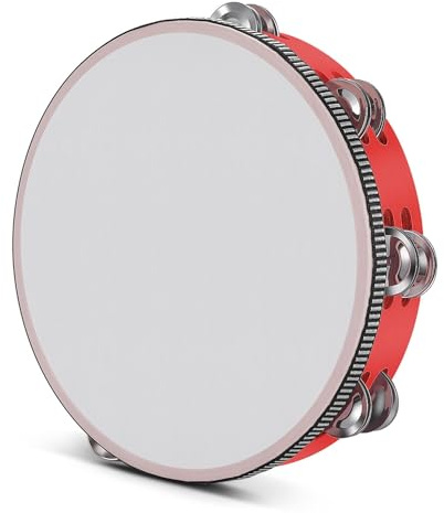 Flexzion - Tamburello portatile in legno per adulti, a doppia fila, con 8 paia di sonagli da 10 pollici (rosso) - Strumento musicale a percussione con cimbali in metallo