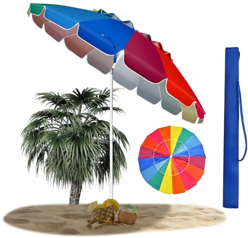 RELAX4LIFE Parasol de Plage Inclinable Ø245 cm | Toile Anti-UV UPF 50+ avec Ancre à Vis, Mât Alu 32mm et 8 Baleines en Fibre de Verre, Parasol Rond Facile à Ranger pour Patio, Piscine(Multicolore)