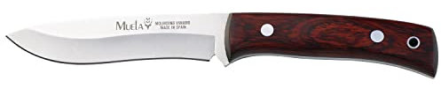 Cuchillo de caza Muela COMF-11R, Mango de madera roja, Hoja de acero MOVA de 11 cm. Incluye funda de cuero marrón, herramienta de pesca, caza, camping y senderismo + Tarjeta Multiusos de Regalo.