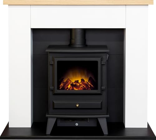 Adam Chester Fireplace in Pure White with Hudson Electric Stove in Black, 39 Inch