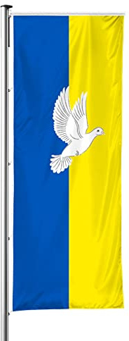 Vispronet Ukraine Flagge mit Friedenstaube, Fahne/Flagge im Hochformat für Ausleger, glänzendes Polyestergewirke, hissfertig (120 x 300 cm)