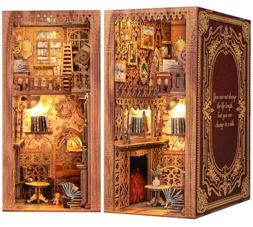 Fsolis DIY Book Nook Kit, Puppenhaus Miniatur Haus Kit mit Holz Möbeln und LED-Licht, Bücherecke Bücherregaleinsatz Kits,Haus der Bibliothek (Eternal Bookstore)