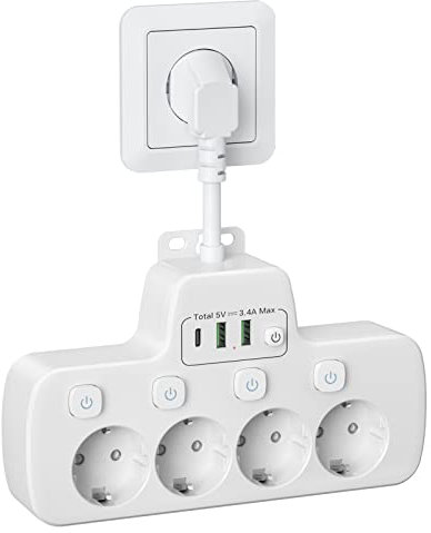 Ciabatta Elettrica Multipresa con Interruttori Indipendenti,Presa Multipla Salvaspazio USB C con Interruttore, 4 Prese, Adattatore Schuko e 3 Caricabatterie USB Spina Tedesca Cavo 0,1m,Bianco