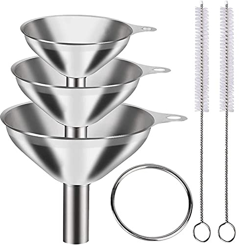 3pcs Mini Stainless Steel Funnels, Multi-use Small Kitchen Funnel Set with 2 Brush, for Transferring Liquid, Fluid, Essential Oils, Powder,Tiny Spices,Durable and Dishwasher Safe