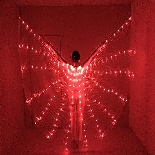 Leuchtende Feenflügel Erwachsene Frauen, LED Bauchtanz Isis Flügel mit Teleskopstab, Rote Schmetterlingsflügel Regenbogen Flügel Karneval Festival Tragen Halloween Weihnachten Leuchtend Rostume (Rot)