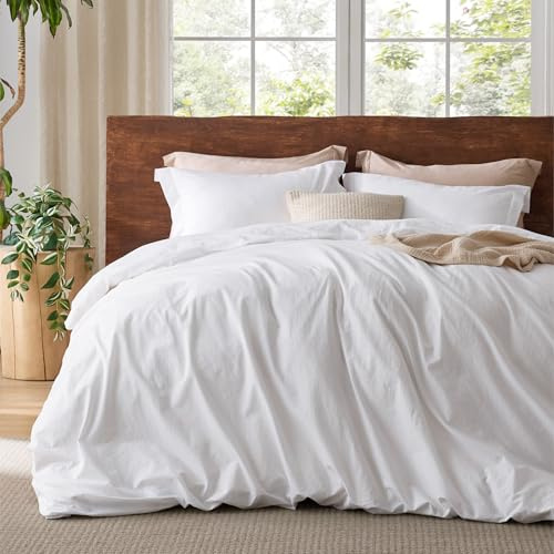 Bedsure 100% Washed Cotton Duvet Cover Queen Size - Bright White Minimalist Cotton Duvet Cover Linen Like for All Seasons - GentleSoft™ Plain Simple Bedding (Bright White, Queen, 90x90)