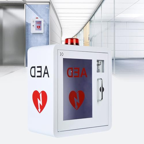 AED-Schrank, Wandschrank für Erste-Hilfe-AED-Defibrillatoren, Aufbewahrungsschrank aus Metallstahlplatte mit Alarm und Licht für Zuhause, Büro, Krankenhaus und öffentliche Orte, 36 x 20 x 40 cm