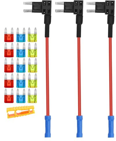 Aiqeer 3 Stück 12V / 24V Klein Piggyback Sicherungshalter, Auto Add-a-Circuit Sicherung Tap mit Kabelbaum, Gratis 15 Stück Mini Flachsicherungen und Sicherungszieher (Crimp Terminal)