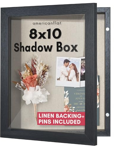 Americanflat Marco de Caja de Sombra de Apertura Frontal de 8 x 10 Pulgadas con Puerta en Madera de ingeniería Negra, Vitrina con Vidrio Resistente a los Golpes y Accesorios para Colgar para Pared y