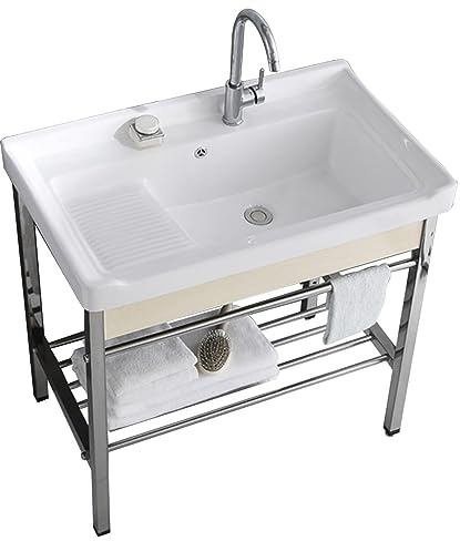 Ceramic Utility Sink with Washboard Set, Freestanding Laundry Utility Sink, Bathroom Washbasin with Bracket and Drain Kit for Laundry Room Utility Room Garage Basement Outdoor and Indoor