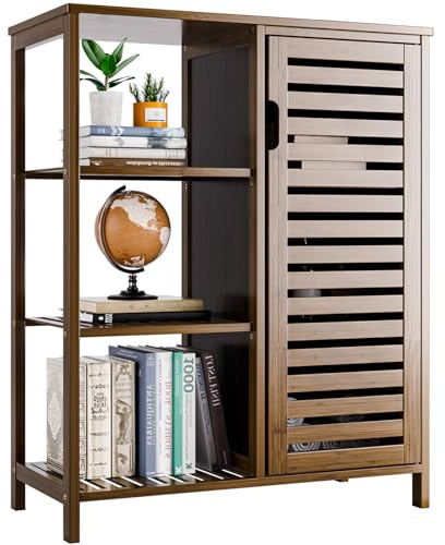 HITNET Bambus Badezimmerschrank, Freistehend Aufbewahrungsschrank mit 3 offenen Fächern, Multifunktionaler Schrank stehend für Badezimmer, Wohnzimmer, Küche und Flur, Nussbaum