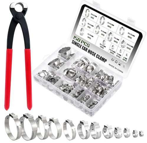 WiMas 150PCS 304 Edelstahl 6-33,1mm Einzelohrschlauchklemmen, Schlauchklemmensatz, Gurtklemmenringe Schlauchschellen mit Klemmzange (12 Größe)