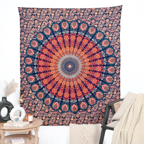 RAJRANG Peacock Mandala Tapestry Cotton Wall Hanging Golden Blue for Bedroom, Living Room 137x213 cm