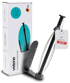 VETENE Premium Küchenrollenhalter ohne Bohren (Zum Einhändig Abreißen) – Edelstahl Schwarz mit Abroll-Stop – Zewa Rollenhalter – Küchenpapierhalter