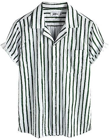 VATPAVE Herren Gestreifte Sommerhemd Casual Button Down Kurzarm Strand HawaiiHemd Groß GrünWeiß Normale Passform