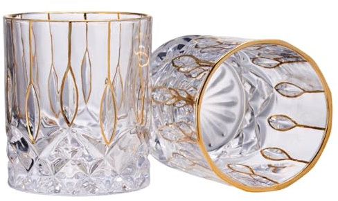 GLASKEY Bicchiere da Whisky in Cristallo con Finiture Dorate,320 ml Bicchiere da Whisky Set di 2, Perfetto per Scotch Bourbon Rocks Cognac Vodka Gin Tequila Rum Liquor, Regali di per Uomini