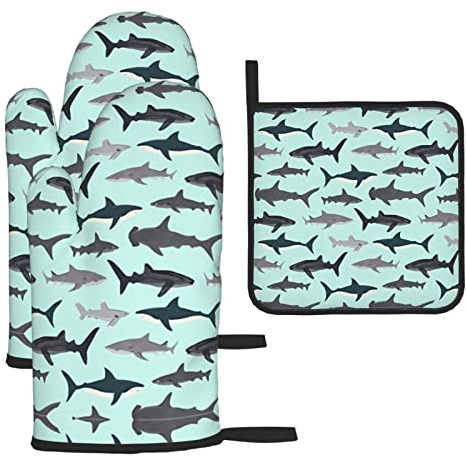Chrysm Cartoon Sharks Oven Mitts and Potholders BBQ Gloves and Holders for Cooking Baking (3-Piece Set)