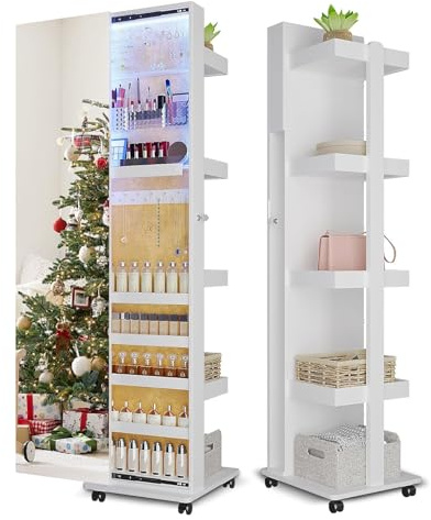 Lvifur 360° Rotating LED Jewelry Armoire,Side Pull Full Length Mirror Large Capacity Floor Standing 3 Color Dimmable Jewelry Organizer Armoire with 4 rollers,Rear Storage Shelves