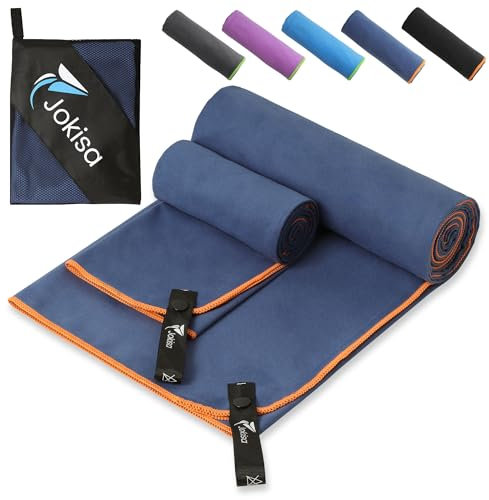 Jokisa 2 Piezas Toalla Microfibra (180x90cm Toalla Piscina+100x50cm Toalla Gimnasio), Toalla Playa de Secado Rápido y sin Arena, para Fitness, Playa, Gimnasio, Camping (Azul Marino – Naranja)