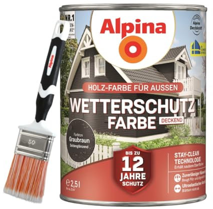 Alpina Holz-Wetterschutz-Farben inkl. Pinsel 50 mm - Graubraun, deckend - bis zu 12 Jahre Schutz vor Witterung und Nässe – schmutzabweisend, deckend & ergiebig – 2,5 L
