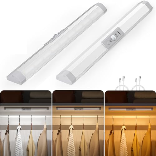 WOBANE 2 Pack Motion Sensor LED Wardrobe Lights, 3 Color Dimmable Aluminium | USB-C Rechargeable, Eye-Protection Design, Auto On-Off, Wireless, Magnetic Stick-On for Cupboards, Hallway, Bedroom, Loft