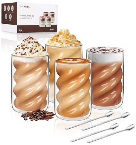 SILRIVES Latte Macchiato Gläser Doppelwandig 350ML 2er Set mit 2 Löffeln, Kaffeegläser aus Borosilikatglas IIsolierende Espressotassen Cappuccino Gläser Eiskaffee Teegläser Thermogläser