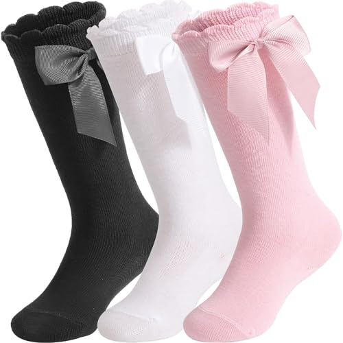 DRESHOW Knähöga Strumpor För Barnflickor Småbarn Klädsockor Baby Bow Stocking Bomullsstrumpor för Spädbarn