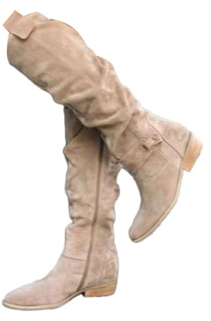 shownicer Botte Hautes Femme Daim Bottes Elegant Bout Rond Bottines Automne et Hiver Talon Bas Boots Confortable Chaussures A Beige 38
