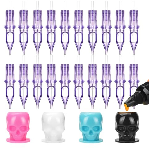 ATOMUS 20 agujas de cartucho de tatuaje 1203RL púrpura para bolígrafo delineador patrón con tazas de tinta desechables de calavera para suministros de máquina rotativa