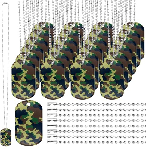 Wonderjune 60 Pack Camouflage Military Dog Tag Necklaces Acrylic Army Party Decorations Supplies Bulk Include 30 Camo Tags with 30 Steel Beaded Chain for Soldier Men Dogs