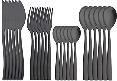 Ensemble de couverts en acier inoxydable 18/10 - Fourchette de cuisine, cuillère, couteau - Noir mat
