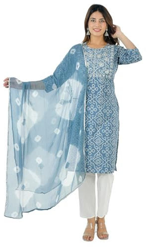 Vrnda Women's Cotton Indian Bandhej Print Straight Kurta Set Yoke Embroidery Kurti With Pant and Dupatta 3-Piece Suit Set Light Grey