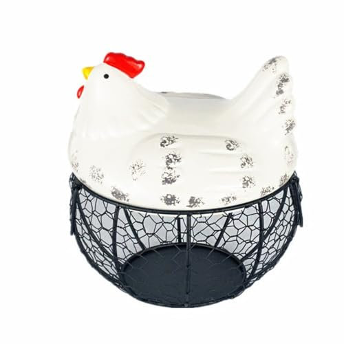 ZLSNOBLE Egg Basket, Ceramic Lid Egg Basket, Black Wire Egg Collection Basket, Egg Rack, Decorative Farmhouse Cute Egg Storage Container For Kitchen