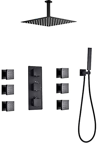 Système de douche thermostatique noir avec jets de corps, pulvérisateur à main, pommeau de douche à effet pluie, ensemble combiné pour installation dissimulée dans la baignoire