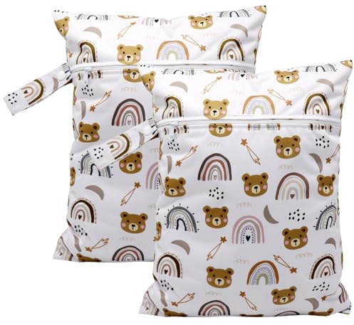 YNR 2 bolsas de pañales reutilizables para bebés, para viajes de bebé, para niños pequeños, natación, fitness, Blanco con tonos marrones y pastel, Infantil Con Osos Y Arco Iris