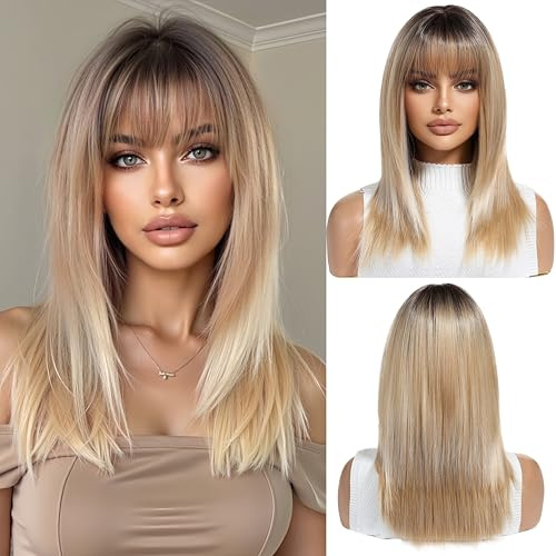 OUFEI Ombre Rubio Pelucas para las mujeres de longitud media Peluca larga recta con flequillo pelo sintético resistente al calor Pelucas para todos los días del partido Cosplay Wear