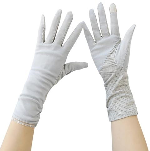 TINAYAUE Women Sunscreen Cotton Gloves for Cycling Driving Outdoor Sports Lengthen Non Slip Thin Breathable Mesh Summer Touch Screen Full Finger Sun Gloves (Grey)