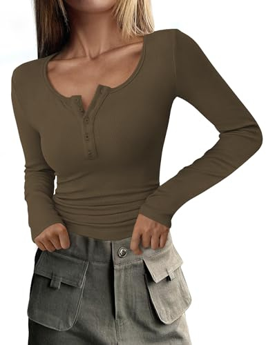 DUOEASE Tee Shirt Femme Décontracté Henley Top Boutonné Stretch Haut Femme Chic et Elegant Marron XS