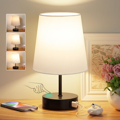 PreeOtti Nachttischlampe Touch Dimmbar, USB A+-C-Ladefunktion, Tischlampe mit Weißer Lampenschirm Schwarzer Sockel, Kleine Lampe für Nachttisch Wohnzimmer Schlafzimmer Kinderzimmer Büro