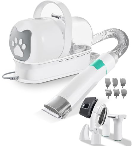 HNBCYRND Grooming Kit Pet Grooming Vacuum Kit, Hair Remover Suction 99% Pet Hair 7 in 1 Grooming Tools with Professional Clippers for All Furry Pets(White)