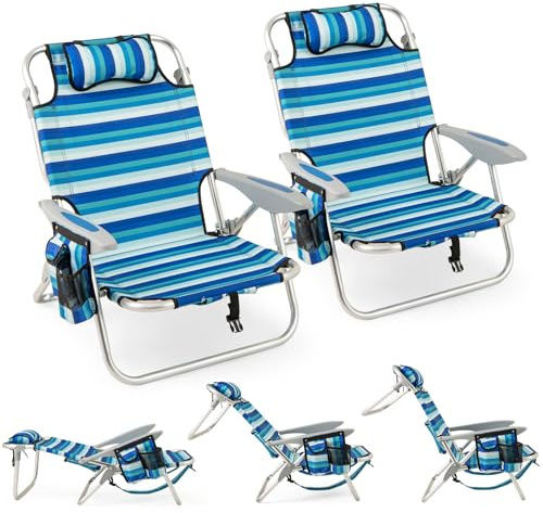 KOMFOTTEU Chaises de Plage Pliables, Dossier réglable en 4 Positions, Fauteil de Plage avec Appui-tête, Chaise de Camping avec Poches latérales & Porte-Serviette, Charge de 150 kg, Bleu (2)