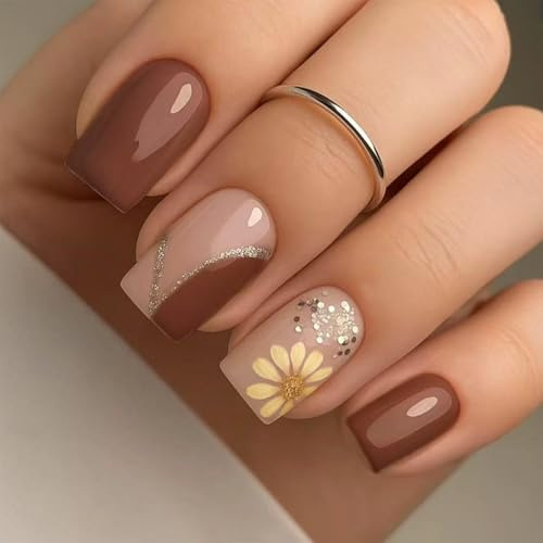 Nymora Faux Ongles Press-On – 24 Pièces, Motif Fleurs d'Automne Marron, Ongles Courts Carrés à Coller, Avec Pastilles Adhésives et Outils, Kit de Manucure DIY Automne