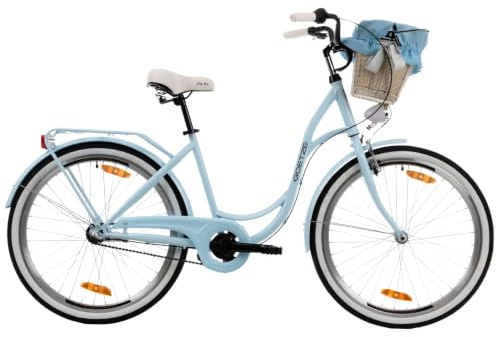 Goetze Style Damen Citybike 26 Zoll, Retro Fahrrad mit 3-Gang | 17-Zoll-Tiefeinsteiger mit Rücktrittbremse & V-Brake, LED-Beleuchtung, Rattankorb, Gepäckträger, Ständer & Klingel