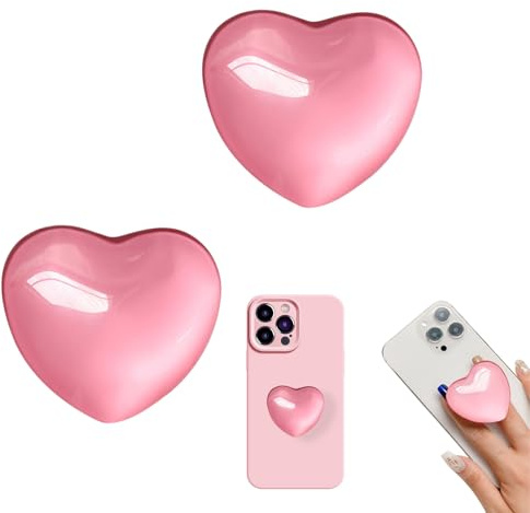 Phone Grip Holder,2 PCS Cute Heart Shaped Expanding Moblile Cell Phone Glass Holder, Finger Grip with Kickstand,Multi-angle Collapsible Stand Compatible with Smartphones, Mobiles & Cases (Pink)